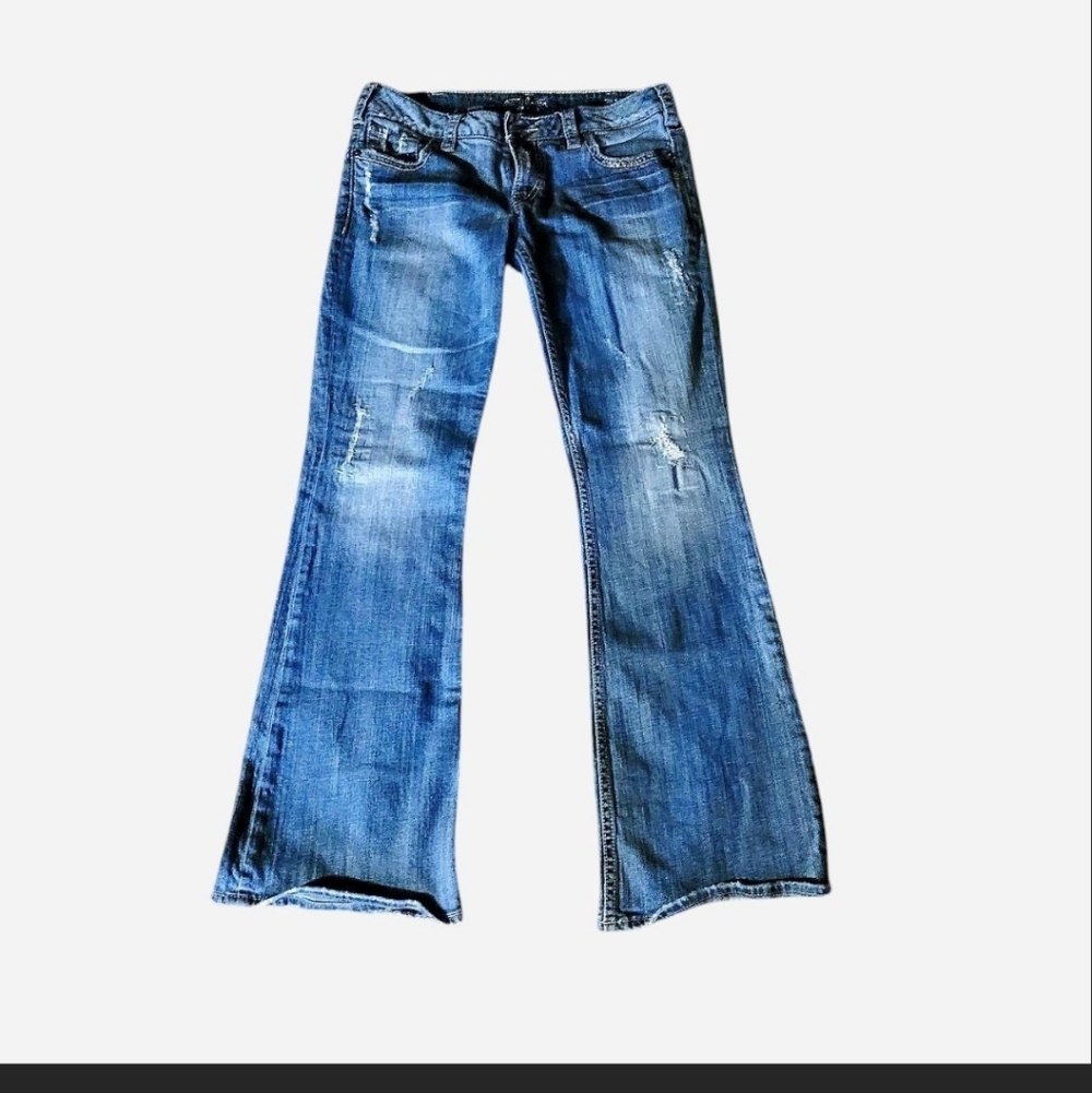 Vintage 31x33  Silver LONG 90s flare Blue Jeans